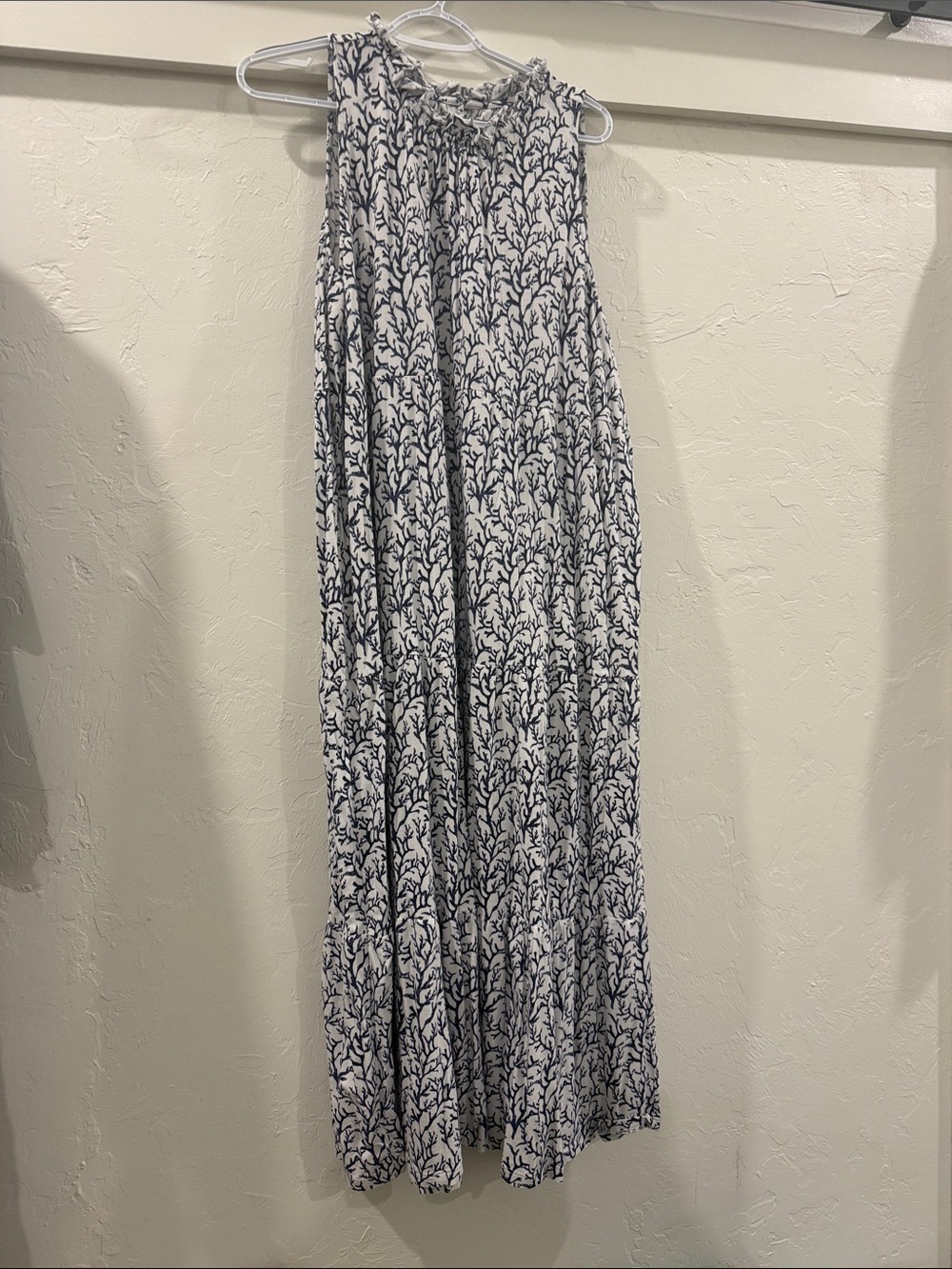 Duffield Lane Navy Coral-Print Sleeveless Maxi Dress with high collar